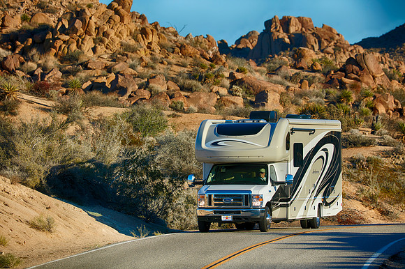 RV driving in desert