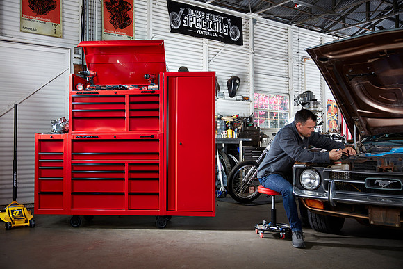 Red tool box in motorcycle garage